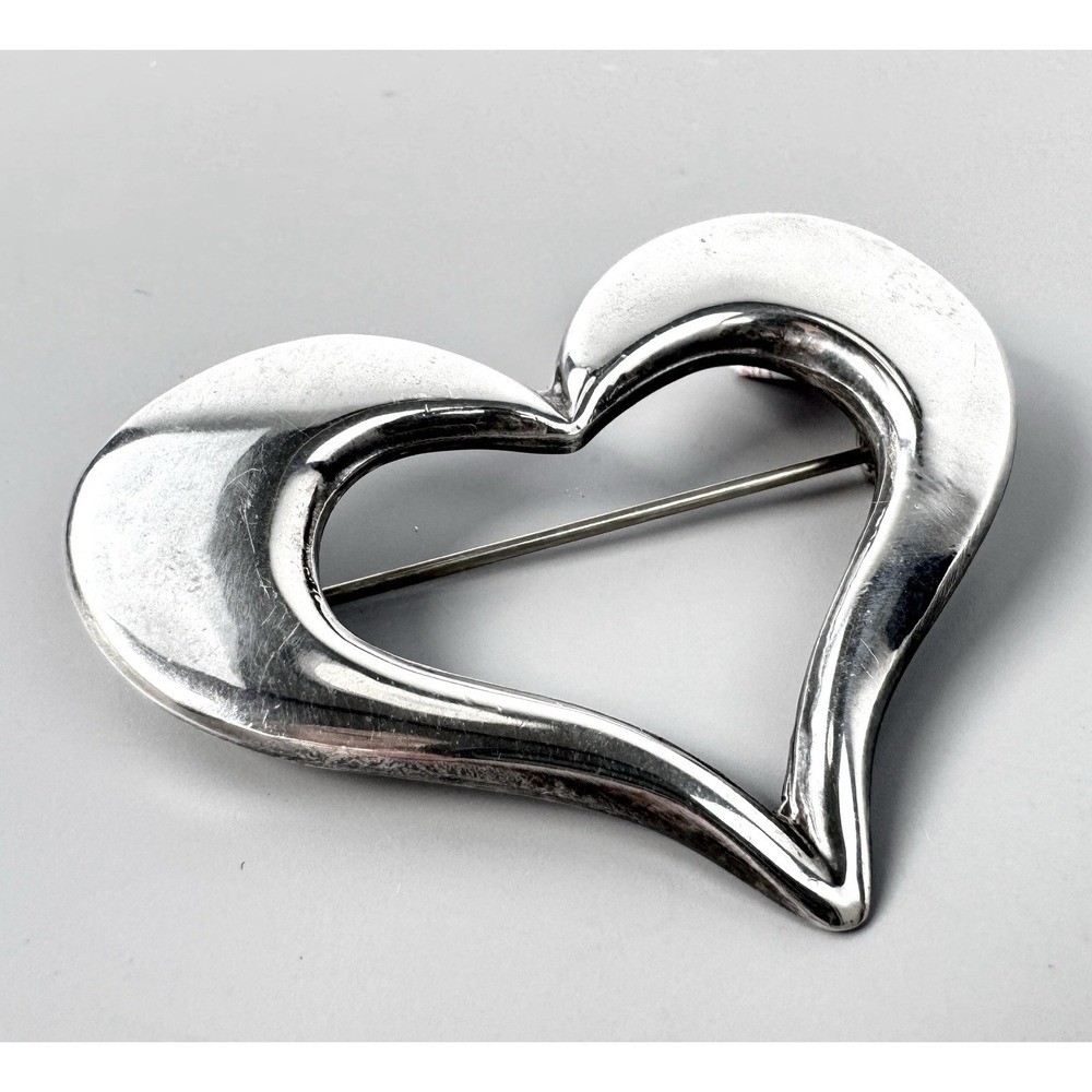 Mexico 925 Sterling Silver Open Heart Brooch Pin 12.65g 2 Inch